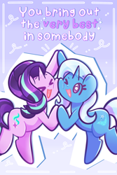 Size: 1200x1800 | Tagged: safe, artist:typhwosion, starlight glimmer, trixie, pony, unicorn, g4, ><, cheek squish, cheek to cheek, cute, duo, eyes closed, female, hoofbump, lesbian, mare, one eye closed, open mouth, open smile, positive ponies, reformed starlight, ship:startrix, shipping, smiling, squishy cheeks, starry eyes, text, wingding eyes, wink
