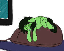 Size: 3438x2757 | Tagged: safe, artist:ponny, oc, oc only, oc:filly anon, earth pony, mouse, pony, colored, female, filly, foal, high res, monitor, mousepad, simple background, sleeping, solo, white background