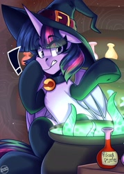 Size: 1650x2300 | Tagged: safe, artist:shadowreindeer, twilight sparkle, alicorn, pony, g4, bell, bell collar, cauldron, clothes, collar, costume, exclamation point, eye clipping through hair, eyebrows, eyebrows visible through hair, gritted teeth, halloween, halloween costume, hat, holiday, partially open wings, punch, socks, teeth, tentacles, twilight sparkle (alicorn), wings, witch, witch hat