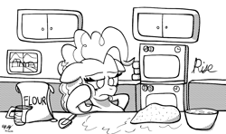 Size: 1100x650 | Tagged: safe, artist:ebbysharp, pinkie pie, earth pony, pony, g4, bowl, dough, female, flour, frown, inktober, inktober 2023, kitchen, mare, measuring cup, mixing bowl, monochrome, rise, rising, rubber spatula, solo, spatula, tongue out