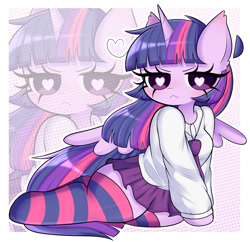 Size: 2392x2320 | Tagged: safe, artist:arwencuack, twilight sparkle, alicorn, anthro, g4, :<, angry, arm hooves, breasts, clothes, heart, heart eyes, high res, socks, solo, stockings, striped socks, thigh highs, twilight sparkle (alicorn), wingding eyes