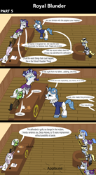 Size: 1920x3516 | Tagged: safe, artist:platinumdrop, derpy hooves, fancypants, fleur-de-lis, princess platinum, rarity, oc, oc:filly anon, pegasus, pony, unicorn, comic:royal blunder, g4, 3 panel comic, alternate universe, angry, ankle cuffs, armor, ball and chain, bawling, bound wings, chained, chains, clerk, closed mouth, clothes, comic, commission, courtroom, crying, cuffed, cuffs, desk, dialogue, drink, drinking, ears back, female, filly, floppy ears, foal, folded wings, food, gavel, glowing, glowing horn, guard, hat, horn, indoors, judge, judgment, justice, law, looking at each other, looking at someone, looking down, magic, makeup, male, mare, monocle, offscreen character, onomatopoeia, open mouth, parchment, pleading, prison outfit, prison stripes, prisoner, prosecutor, quill pen, quote, restraints, royal, ruff (clothing), sad, shackles, sitting, sobbing, sound effects, spear, speech bubble, stallion, suit, talking, tea, telekinesis, testimony, this will not end well, trial, trio, walking, wall of tags, weapon, wig, wings, witness, witness stand