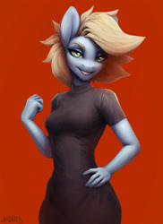 Size: 1988x2732 | Tagged: safe, artist:dashid, oc, oc only, oc:steam cloud, pony, anthro, arm under breasts, arms, clothes, dress, looking at you, smiling, smiling at you