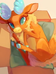 Size: 1536x2048 | Tagged: safe, artist:malt cat, velvet (tfh), deer, reindeer, them's fightin' herds, antlers, behaving like a cat, box, cardboard box, cloven hooves, community related, cute, deer in a box, doe, female, looking at you, solo, velvebetes