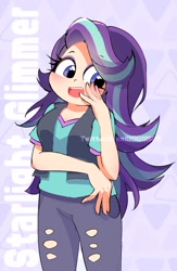 Size: 970x1491 | Tagged: safe, artist:leo19969525, starlight glimmer, human, equestria girls, g4, clothes, cute, female, glimmerbetes, hand on cheek, human coloration, open mouth, pants, ripped pants, smiling, solo, torn clothes, vest