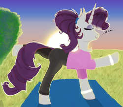 Size: 1550x1358 | Tagged: safe, artist:raritymylove, derpibooru exclusive, rarity, pony, unicorn, g4, chest fluff, clothes, ear fluff, female, mare, pants, solo, sunset, workout outfit, yoga pants