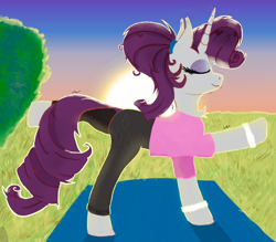 Size: 1550x1358 | Tagged: safe, artist:raritymylove, derpibooru exclusive, rarity, pony, unicorn, g4, chest fluff, clothes, ear fluff, female, mare, pants, solo, sunset, workout outfit, yoga pants