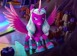 Size: 1414x1028 | Tagged: safe, screencap, opaline arcana, alicorn, pony, g5, my little pony: make your mark, my little pony: make your mark chapter 5, nightmare on mane street, spoiler:g5, female, lidded eyes, mare, pumpkin, solo, spread wings, tree, wings