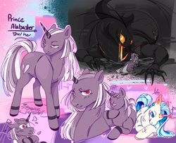 Size: 2048x1675 | Tagged: safe, artist:maplewozapi, oc, oc only, oc:prince alabaster, oc:prince raindrop, oc:the wyrm, pony, unicorn, wyrm, blushing, horn, shipping, trio, unicorn oc