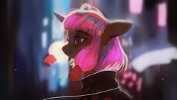 Size: 1920x1080 | Tagged: safe, artist:hierozaki, oc, oc only, oc:syl, pony, unicorn, bust, city, cityscape, dark, female, floppy ears, mare, profile, solo