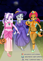 Size: 724x1023 | Tagged: safe, artist:the-dark-mangaka, babs seed, diamond tiara, silver spoon, human, equestria girls, g4, belly button, clothes, costume, crown, female, glasses, halloween, halloween costume, holiday, jewelry, princess daisy, princess peach, princess rosalina, pumpkin bucket, regalia, rosalina, smiling, super mario bros., trio, trio female