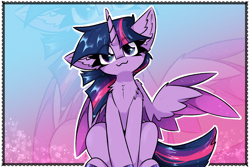 Size: 3000x2000 | Tagged: safe, artist:jubyskylines, twilight sparkle, alicorn, pony, g4, chest fluff, colored hooves, colored wings, cute, ear fluff, eye clipping through hair, female, gradient background, gradient wings, high res, horn, looking at you, mare, multicolored wings, owo, sitting, smiling, smiling at you, solo, twiabetes, twilight sparkle (alicorn), unshorn fetlocks, wings, zoom layer