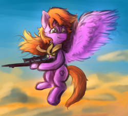 Size: 1872x1692 | Tagged: safe, artist:harukiicat, oc, oc only, oc:bon voyage, pegasus, pony, clothes, cloud, doodle, flying, gun, scarf, smiling, solo, spread wings, sunset, weapon, wings