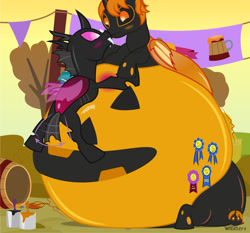 Size: 1331x1241 | Tagged: safe, artist:wheatley r.h., derpibooru exclusive, part of a set, oc, oc only, oc:lara, oc:w. rhinestone eyes, changeling, honeypot changeling, autumn, barrel, bat wings, belly, belly bed, belly expansion, big belly, blue ribbon, blushing, bodypaint, changeling oc, eyes closed, female, folded wings, growth, halloween, happy, holiday, huge belly, huge butt, impossibly large belly, impossibly large butt, jack-o-lantern, kiss on the lips, kissing, lamp, large butt, leaf, love, male, mare, onomatopoeia, orange changeling, paint can, paintbrush, painting, pink changeling, pumpkin, pumpkin gut, rule 63, stallion, tree, vector, watermark, wheatlette, wings