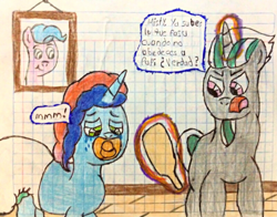 Size: 3199x2503 | Tagged: safe, artist:bitter sweetness, alphabittle blossomforth, misty brightdawn, pony, unicorn, g5, abdl, adult foal, diaper, diaper fetish, father and child, father and daughter, female, fetish, glowing, glowing horn, graph paper, green eyes, high res, horn, magic, male, non-baby in diaper, open mouth, pacifier, pink eyes, punishment, rebirth misty, spanish, spanish text, spanking, speech bubble, telekinesis, traditional art, translated in the description