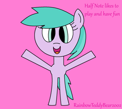 Size: 1385x1248 | Tagged: safe, artist:rainbowteddybear2002, aura (g4), earth pony, pony, g4, arms in the air, aurabetes, bipedal, cute, dialogue, excited, female, filly, foal, happy, ms paint, open mouth, open smile, pink background, pink text, simple background, smiling, solo, text
