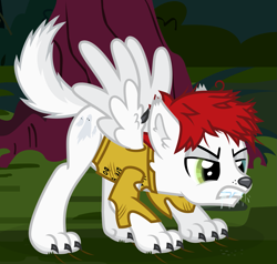 Size: 1257x1198 | Tagged: safe, artist:lightningbolt, derpibooru exclusive, pegasus, pony, werewolf, g4, .svg available, angry, awsten knight, canine nose, canine tail, claws, clothes, drool, dyed mane, ear fluff, face down, fangs, glowing, glowing eyes, grass, growling, heterochromia, long sleeves, male, messy mane, outdoors, paws, ponified, shirt, show accurate, solo, spread wings, svg, torn clothes, tree, vector, waterparks, wing fluff, wings