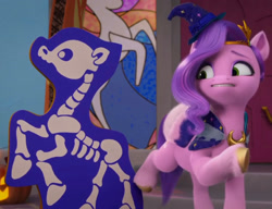 Size: 1737x1333 | Tagged: safe, screencap, pipp petals, pegasus, pony, skeleton pony, g5, my little pony: make your mark, my little pony: make your mark chapter 5, nightmare on mane street, spoiler:g5, bone, cardboard cutout, clothes, costume, female, hat, mare, nightmare night, nightmare night costume, skeleton, solo, stained glass, window, witch, witch costume, witch hat, witch petals