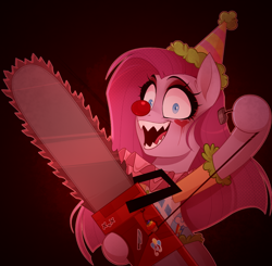 Size: 1100x1080 | Tagged: safe, artist:thewandie, pinkie pie, earth pony, pony, fanfic:cupcakes, g4, alternate hairstyle, blood, chainsaw, clothes, clown, clown makeup, clown nose, commission, cutie mark dress, dress, eyeshadow, fangs, female, halloween, halloween 2023, hat, holiday, implied applejack, implied rainbow dash, implied rarity, makeup, mare, open mouth, party hat, pinkamena diane pie, raised hoof, red nose, sharp teeth, shirt, solo, sticker, teeth, this will end in death, ych result