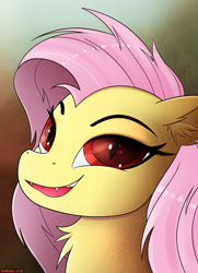 Size: 1496x2072 | Tagged: safe, alternate version, artist:andaluce, fluttershy, bat pony, pony, g4, abstract background, bat ponified, bust, chest fluff, fangs, flutterbat, halloween, holiday, portrait, race swap, smiling, solo