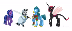Size: 2138x920 | Tagged: safe, artist:carnifex, oc, oc only, changeling, changeling queen, hippogriff, pegasus, pony, zebra, crisis equestria, book, clothes, hippogriff oc, not zecora, red changeling, scarf, simple background, striped scarf, sword, weapon, white background, zebra oc