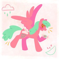 Size: 640x640 | Tagged: safe, artist:picturesofponies, watermelon taffy, pegasus, pony, g4, background pony, candy, cloud, cute, diamelon, female, food, mare, raincloud, spread wings, watermelon, wings