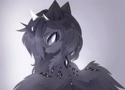 Size: 3216x2333 | Tagged: safe, artist:magnaluna, oc, alicorn, pony, black and white, chest fluff, crown, ear fluff, eyes do not belong there, female, grayscale, high res, horn, horn ring, jewelry, looking at you, looking back, looking back at you, mare, monochrome, multiple eyes, open mouth, rear view, regalia, ring, simple background, solo, spread wings, tiara, trypophobia, wing eyes, wing fluff, wings