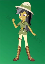 Size: 5167x7309 | Tagged: safe, artist:matthewcraft, daring do, human, equestria girls, g4, belt, boots, clothes, female, fist pump, gradient background, green background, pants, pith helmet, shirt, shoes, smiling, solo, tomboy, uniform