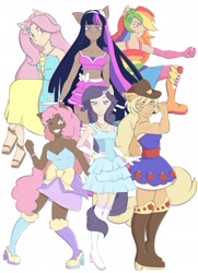 Size: 1920x2648 | Tagged: artist needed, source needed, safe, applejack, fluttershy, pinkie pie, rainbow dash, rarity, twilight sparkle, human, equestria girls, g4, alternate hairstyle, applejack's hat, boots, clothes, cowboy hat, dark skin, dress, eared humanization, feet, hat, high heel boots, humane five, humane six, humanized, light skin, moderate dark skin, ponied up, sandals, shoes, simple background, tail, tailed humanization, tan skin, white background