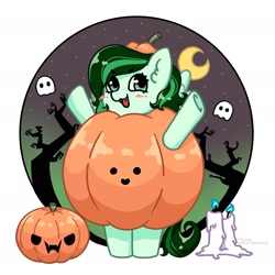 Size: 2005x2005 | Tagged: safe, artist:peachmytto, oc, oc only, oc:eden shallowleaf, ghost, undead, semi-anthro, candle, clothes, commission, costume, food, food costume, high res, moon, pumpkin, pumpkin costume, smiley face, solo, tree, ych result