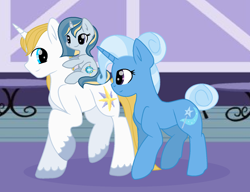 Size: 1492x1144 | Tagged: safe, artist:princessfloriana, prince blueblood, trixie, oc, pony, unicorn, g4, base used, father and child, father and daughter, female, husband and wife, male, mare, mother and child, mother and daughter, offspring, parent:prince blueblood, parent:trixie, parents:bluetrix, ship:bluetrix, shipping, stallion, straight, trio