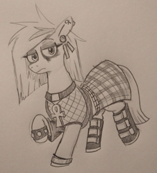 Size: 632x699 | Tagged: safe, artist:jargon scott, oc, oc only, oc:nada phase, earth pony, pony, ankh, clothes, ear piercing, earring, female, fishnet clothing, frown, goth, grayscale, jewelry, lidded eyes, looking at you, mare, monochrome, pencil drawing, piercing, plaid skirt, skirt, solo, studded bracelet, traditional art