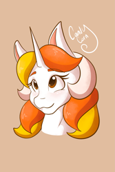 Size: 1365x2048 | Tagged: safe, artist:mscolorsplash, oc, oc only, oc:candy corn, pony, unicorn, blushing, bust, female, looking up, mare, name, simple background, smiling, solo, tan background