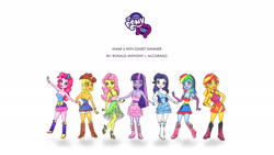 Size: 1920x1080 | Tagged: safe, applejack, fluttershy, pinkie pie, rainbow dash, rarity, sunset shimmer, twilight sparkle, human, equestria girls, g4, blushing, boots, clothes, dress, fall formal outfits, female, humane five, humane seven, humane six, shirt, shoes, simple background, white background