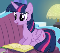 Size: 1212x1081 | Tagged: safe, screencap, twilight sparkle, alicorn, pony, amending fences, g4, book, cute, female, lying down, mare, open mouth, ponyloaf, prone, smiling, solo, twiabetes, twilight sparkle (alicorn)