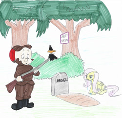 Size: 827x805 | Tagged: safe, artist:jelvyc77, angel bunny, fluttershy, g4, abuse, angelbuse, animal abuse, background pony strikes again, crossover, crying, daffy duck, downvote bait, elmer fudd, folded wings, gravestone, gun, implied angel bunny, implied animal abuse, implied death, op is a duck, op is trying to start shit, op is trying to start shit so badly that it's kinda funny, rifle, weapon, wings