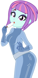 Size: 1044x2148 | Tagged: safe, artist:yaya54320bases, sunny flare, human, equestria girls, g4, ass, base used, bodysuit, butt, catsuit, clothes, eyeshadow, female, food, latex, latex suit, looking at you, makeup, popsicle, simple background, solo, totally spies, white background