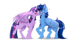 Size: 1920x1080 | Tagged: safe, artist:_.sleepytea, twilight sparkle, oc, oc:blue thunder, alicorn, pony, g4, alicorn oc, canon x oc, duo, female, horn, kiss on the lips, kissing, male, mare, shipping, simple background, stallion, straight, thundersparkle, twilight sparkle (alicorn), waifu thief, white background, wings