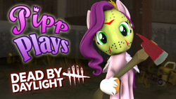 Size: 1920x1080 | Tagged: safe, artist:pika-robo, pipp petals, pegasus, pony, series:pipp plays, g4, g5, 3d, dead by daylight, fake thumbnail, female, friday the 13th, g5 to g4, gamer pipp, generation leap, head tilt, hockey mask, let's play, looking at you, mare, mask, solo, source filmmaker, youtube thumbnail