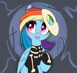 Size: 1000x952 | Tagged: safe, artist:inkypuso, rainbow dash, pegasus, pony, g4, :p, barrel (the nightmare before christmas), blushing, clothes, cosplay, costume, cute, daaaaaaaaaaaw, dashabetes, female, halloween, halloween costume, looking offscreen, mare, mask, silly, skeleton costume, solo, the nightmare before christmas, tongue out