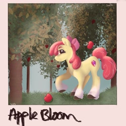 Size: 2048x2048 | Tagged: safe, artist:selkie, apple bloom, earth pony, pony, g4, apple, apple tree, female, filly, foal, food, high res, polaroid, solo, text, tree, unshorn fetlocks