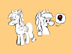 Size: 1500x1125 | Tagged: safe, artist:horsewizardart, applejack, earth pony, pony, g4, apple, female, food, mare, open mouth, open smile, orange background, pictogram, simple background, sketch, smiling, solo, speech bubble