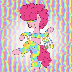 Size: 2048x2048 | Tagged: safe, artist:legendoflink, pinkie pie, earth pony, pony, g4, bipedal, female, glasses, headband, high res, hippie, mare, pinktober, psychedelic, round glasses, solo, standing, standing on one leg, tie dye