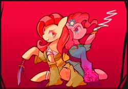 Size: 1427x1000 | Tagged: safe, artist:solid shrimp, fluttershy, pinkie pie, earth pony, pegasus, pony, g4, clothes, duo, female, gradient background, grin, kimono (clothing), knife, looking at you, mare, pinktober, pipe, smiling, smoking, yakuza