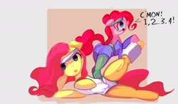 Size: 1718x1000 | Tagged: safe, artist:solid shrimp, fluttershy, pinkie pie, earth pony, pegasus, pony, g4, butt, clothes, duo, exercise, female, floppy ears, headband, leg warmers, leotard, lying down, mare, on side, passepartout, pinktober, plot, simple background, workout, workout outfit