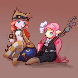 Size: 1024x1024 | Tagged: safe, artist:solid shrimp, fluttershy, pinkie pie, earth pony, pegasus, pony, g4, clothes, costume, crossed legs, disgaea, dress, duo, female, gradient background, hat, mare, pinktober, sitting, socks, staff, striped socks