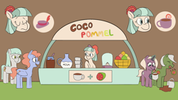 Size: 1920x1080 | Tagged: safe, artist:sveta kuklina, coco pommel, earth pony, pegasus, pony, unicorn, g4, alternate cutie mark, blender (object), cap, chocolate, cocao, confused, cup, cute, disgusted, drink, excited, female, food, happy, hat, hot chocolate, male, milk, name pun, pomello, sad, simple background, spilled drink, spoon, text