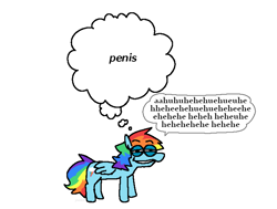 Size: 2085x1575 | Tagged: safe, artist:punkittdev, rainbow dash, pegasus, pony, g4, dudeweed, female, grin, horsecomix, implied penis, laughing, mare, silly, simple background, smiling, solo, thought bubble, white background