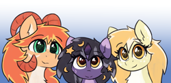 Size: 2443x1188 | Tagged: safe, artist:rivibaes, oc, oc only, oc:evanti, oc:orange cream, oc:rivibaes, dracony, dragon, hybrid, pony, unicorn, family, female, filly, foal, gradient background, horns, looking at you, male, mare, smiling, stallion