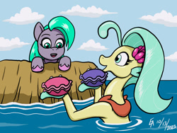 Size: 1024x768 | Tagged: safe, artist:mayorlight, princess skystar, seashell (g5), shelldon, shelly, earth pony, pony, seapony (g4), mlp fim's thirteenth anniversary, g4, g5, my little pony: the movie, clam, digital art, female, filly, fins, foal, jewelry, necklace, ocean, open mouth, open smile, pearl necklace, pippsqueaks, smiling, swimming, water